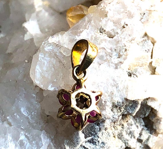 14K solid Yellow Gold Ruby Diamond Flower Pendant… - image 7