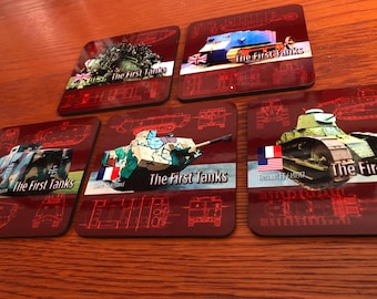 WW1 Tank Coaster Set: Blueprint Background, Military History, 5x Drink Coasters