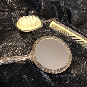 3 pc Vintage Silver Plated Vanity Set, Hand Mirror, Comb and Brush Grooming Set, Silver Design, Boudoir Dressing Room, Hollywood Regency