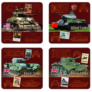 May include: Four square images featuring Allied Tanks. The top left shows an M4A3 Sherman tank with the text "Allied Tanks". The top right shows a T-34-85 tank. The bottom left shows an Infantry Mk VII tank. The bottom right shows a Cruiser Mk VII tank.