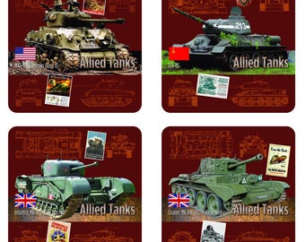 ALLIED Tanks Coaster Set - 4x US/UK/Russian WW2 tanks on high-quality bar coasters. Military History.  9.5cm square