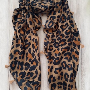 Brown Leopard Print Tassel Scarf: Bohemian Style