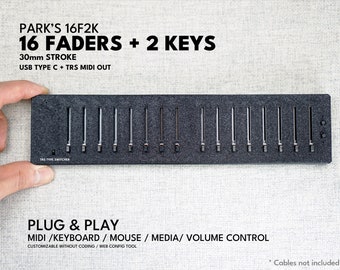 MIDI-Controller – ParksTool 16F2K (16 Fader + 2 Tasten) / Plug-and-Play / anpassbar / Drehregler / MCP / Tastatur-Maus-Lautstärke / Deej