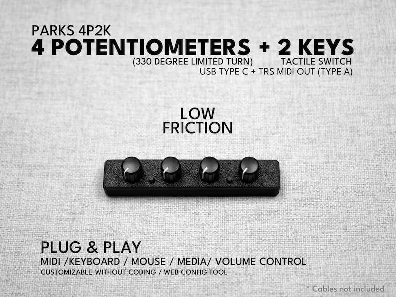 Contrôleur MIDI ParksTool 4P2K 4 potentiomètres 2 touches / molette / bouton / USB / canal personnalisable CC / plug and play / périphériques audio LOW