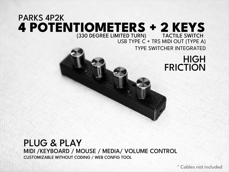 Contrôleur MIDI ParksTool 4P2K 4 potentiomètres 2 touches / molette / bouton / USB / canal personnalisable CC / plug and play / périphériques audio HIGH