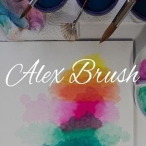 May include: A watercolor painting on a white sheet of paper with the text "Alex Brush" in a cursive font. The painting features a colorful abstract design with shades of pink, orange, yellow, green, and blue.