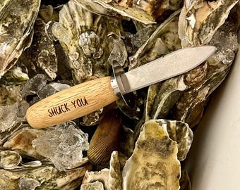 Personalized custom oyster shucker. Tell your story with your custom oyster knife. Whether its a clever saying, your state, or your name.