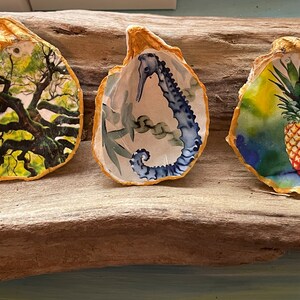 May include: Three oyster shells with gold edges, each decorated with a different image. The first shell has a green and brown image of a tree with branches. The second shell has a blue and white image of a seahorse. The third shell has a yellow, green, and red image of a pineapple.