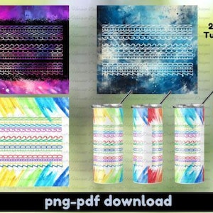 May include: Digital download of 20oz skinny tumbler wraps. The image shows four tumblers with colorful designs, along with three design samples. The designs feature various patterns and the text "20oz Skinny Tumbler Wrap Digital Download".