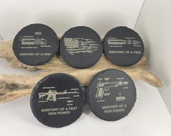 Anatomy of a Pew custom slate coasters. Set of 5