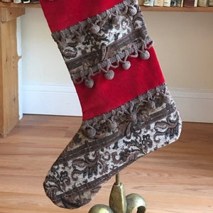 Heirloom Handmade Christmas Stocking ~ Vintage Fabrics ~ Paisley Brocade, Pom-Poms & Red Velvet~ Crimson Lining