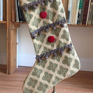 Heirloom Handmade Christmas Stocking ~ Vintage Gold & Olive Green Chenille Damask w/ Red Velvet Buttons ~ Lined