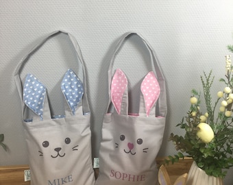 Panier de Pâques personnalisé mignon, visage de lapin et sac d'oreille, sac de lapin de Pâques, panier de Pâques, sac à oreilles de lapin, sac doublé de coton