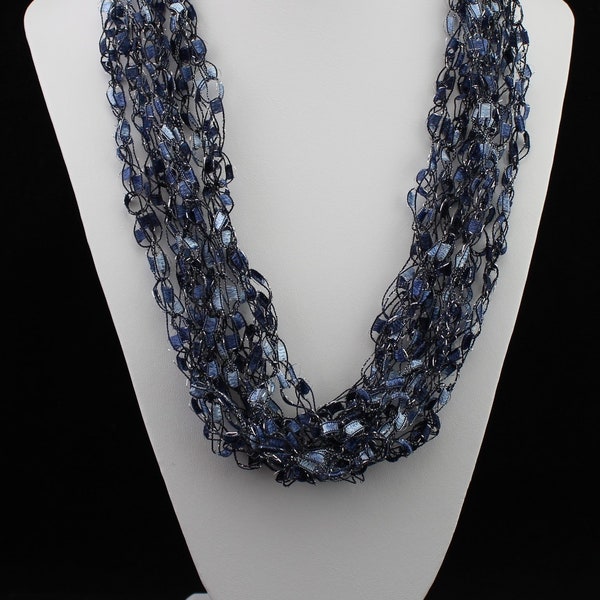 Ladder Yarn Necklace, Lightweight Crocheted Blue Jean Trellis Yarn Necklace