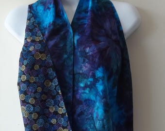 Adult Bib for Women, Reversible Teal, Purple, Blue Batik With Starbursts
