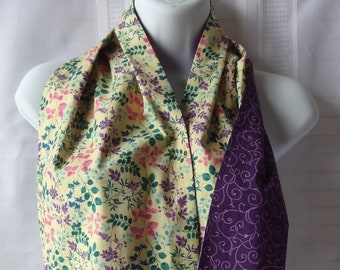 Adult Bib for a Woman, Purple Scrolls and Yellow Calico Floral Reversible Dignity Dining Scarf, Senior Dignity Clothing Protector Bib