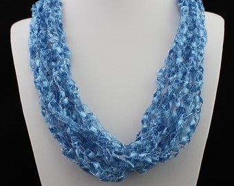 Ladder Yarn Necklace, Ice Blue and Silver Lightweight Crocheted Trellis Yarn Necklace