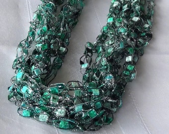 Crocheted Ladder Yarn Necklace, Green Tourmaline Lightweight FiberJewelry