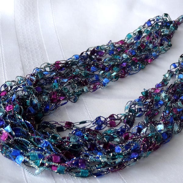 Ladder Yarn Necklace, Lightweight Crocheted Peacock Trellis Yarn Necklace - Teal, Aqua, Blue, Purple and Silver