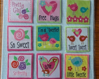 Baby Boutique Sew On Labels for Girls with Hearts, Birds and Flowers