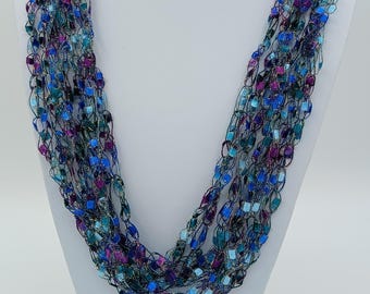 Crocheted Ladder Yarn Necklace, Peacock-Teal Aqua Blue Purple Silver Lightweight Jewelry