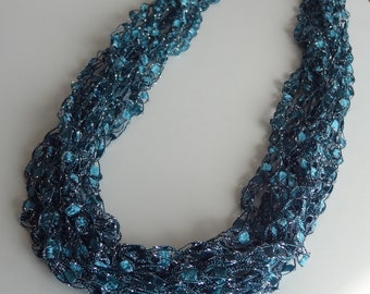 Ladder Yarn Necklace, Crocheted Lightweight Teal and Silver Fiber Jewelry