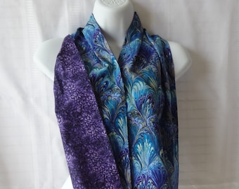 Adult Bib for a Woman, Petite to Plus, Reversible Dignity Dining Scarf, Purple Petals and Blue Peacock, Senior Dignity Clothing Protector