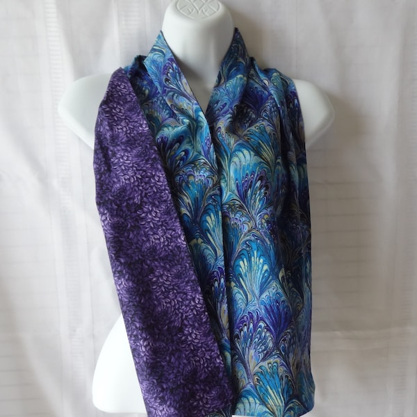 Adult Bib for a Woman, Petite to Plus, Reversible Dignity Dining Scarf, Purple Petals and Blue Peacock, Senior Dignity Clothing Protector