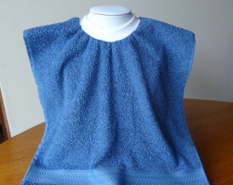 Toddler and Baby Bibs, Blue Pullover Towel Bib, Ribbed Neck Bib with Optional Waterproof Front Panel