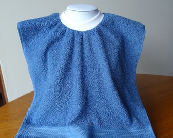 Toddler and Baby Bibs, Blue Pullover Towel Bib, Ribbed Neck Bib with Optional Waterproof Front Panel