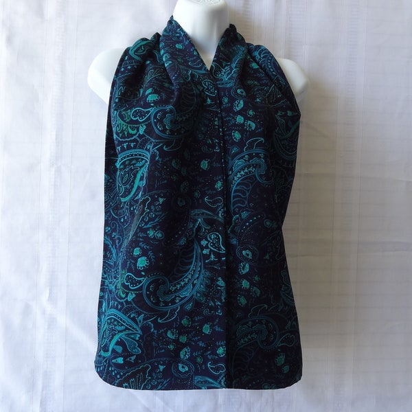 Adult Bib for Women, Petite to Plus Sizes, Polyester Teal Paisley on Blue-Black Dignity Dining Scarf, Clothing Protector, Senior Dignity Bib