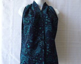 Adult Bib for Women, Petite to Plus Sizes, Polyester Teal Paisley on Blue-Black Dignity Dining Scarf, Clothing Protector, Senior Dignity Bib