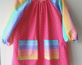 Child Long Sleeved Pink Cotton Paint Smock With Pockets: Rainbows And Stars