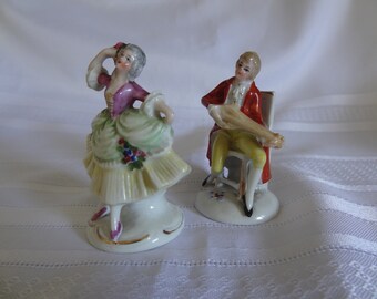 Victorian German Bisque Miniature Porcelain Figurines, Gentleman Musician and Lady Dancing
