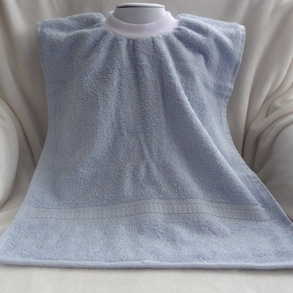 Toddler and Baby Bibs, Pullover Light Blue Towel Bib, Ribbed Neck Bib with Optional Waterproof Front Panel