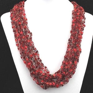 Crocheted Ladder Yarn Necklace, Lightweight Ruby Garnet Multi Strand Fiber Jewelry