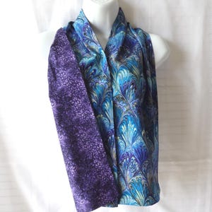 Adult Bib for a Woman, Petite to Plus, Reversible Dignity Dining Scarf, Purple Petals and Blue Peacock, Senior Dignity Clothing Protector