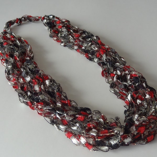 Ladder Yarn Necklace, Lightweight Crocheted Trellis Yarn Necklace - Red, Black, Gray and White, Garnet Glam