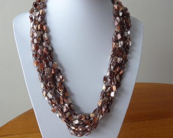 Ladder Yarn Necklace, Lightweight Crocheted Italian Trellis Yarn - Taupe, Camel, White, Brown Fiber Jewelry.