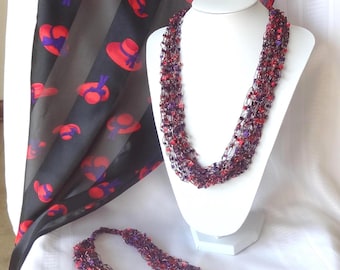 Red & Purple Crocheted Ladder Yarn Necklace, Red Hat Multi Strand Jewelry