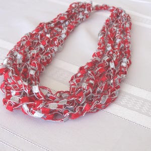 Crocheted Lightweight Ladder Yarn Necklace: Red, Gray, and Silver Sparkle, Ohio State