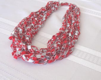 Crocheted Lightweight Ladder Yarn Necklace: Red, Gray, and Silver Sparkle, Ohio State