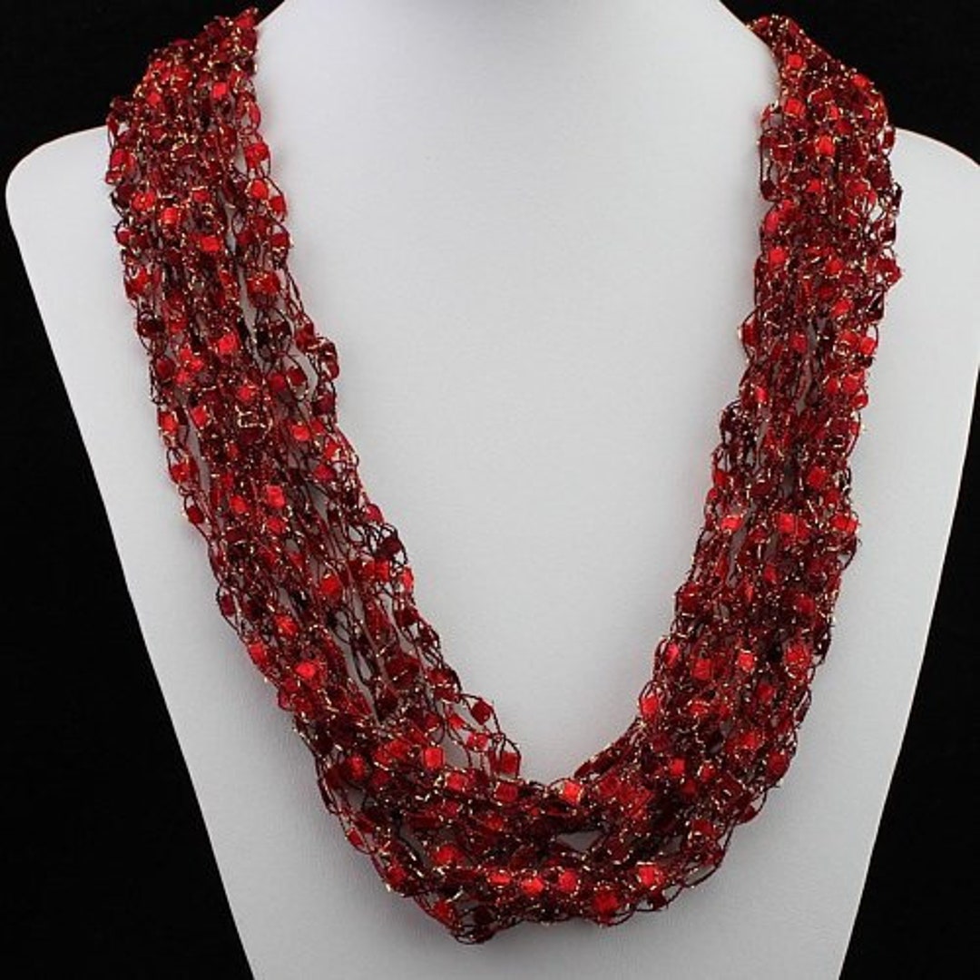 Ladder Yarn Necklace, Lightweight Crocheted Ruby Red and Garnet Trellis ...