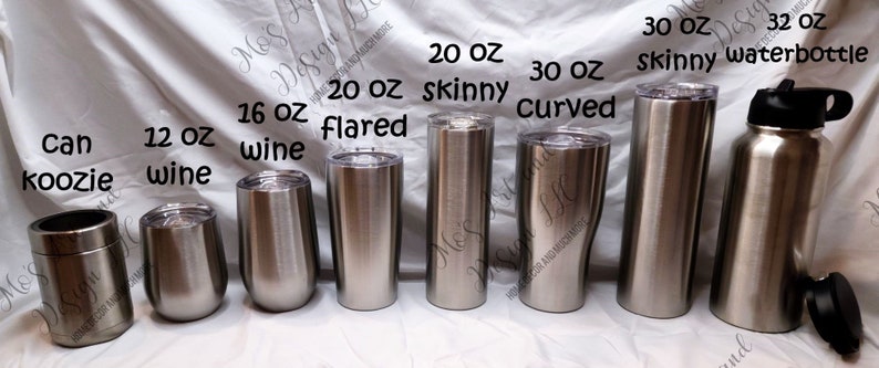 May include: A set of stainless steel tumblers in various sizes, including 12 oz, 16 oz, 20 oz, 30 oz, and 32 oz. The tumblers are labeled with their size and style, such as "wine", "flared", "skinny", and "curved".