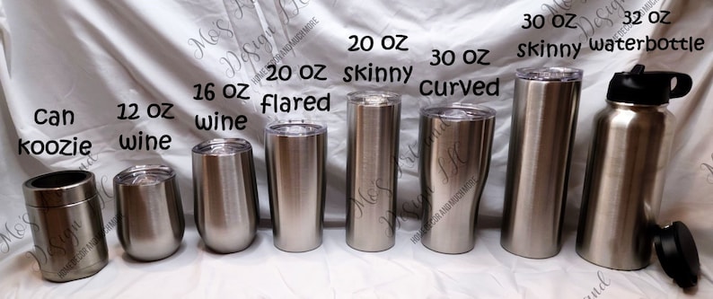 May include: A set of stainless steel tumblers in various sizes, including 12 oz, 16 oz, 20 oz, 30 oz, and 32 oz. The tumblers are labeled with their size and style, such as "wine", "flared", "skinny", and "curved".