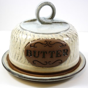 Donna Burton Butter Dish with Domed Lid Textured Signed Red Clay Pottery Cream with Greyish Blue Glaze Canada