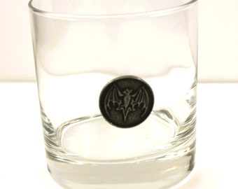 Bacardi Low Ball Glass with Pewter Bat Logo 1980s Rum Whiskey Barware