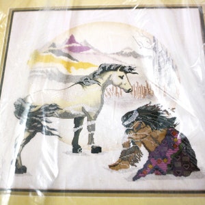May include: Framed cross-stitch artwork showing a white horse and a Native American figure in a snowy scene. The background features a mountain range and a soft, yellow sun. The artwork is framed in a black frame.