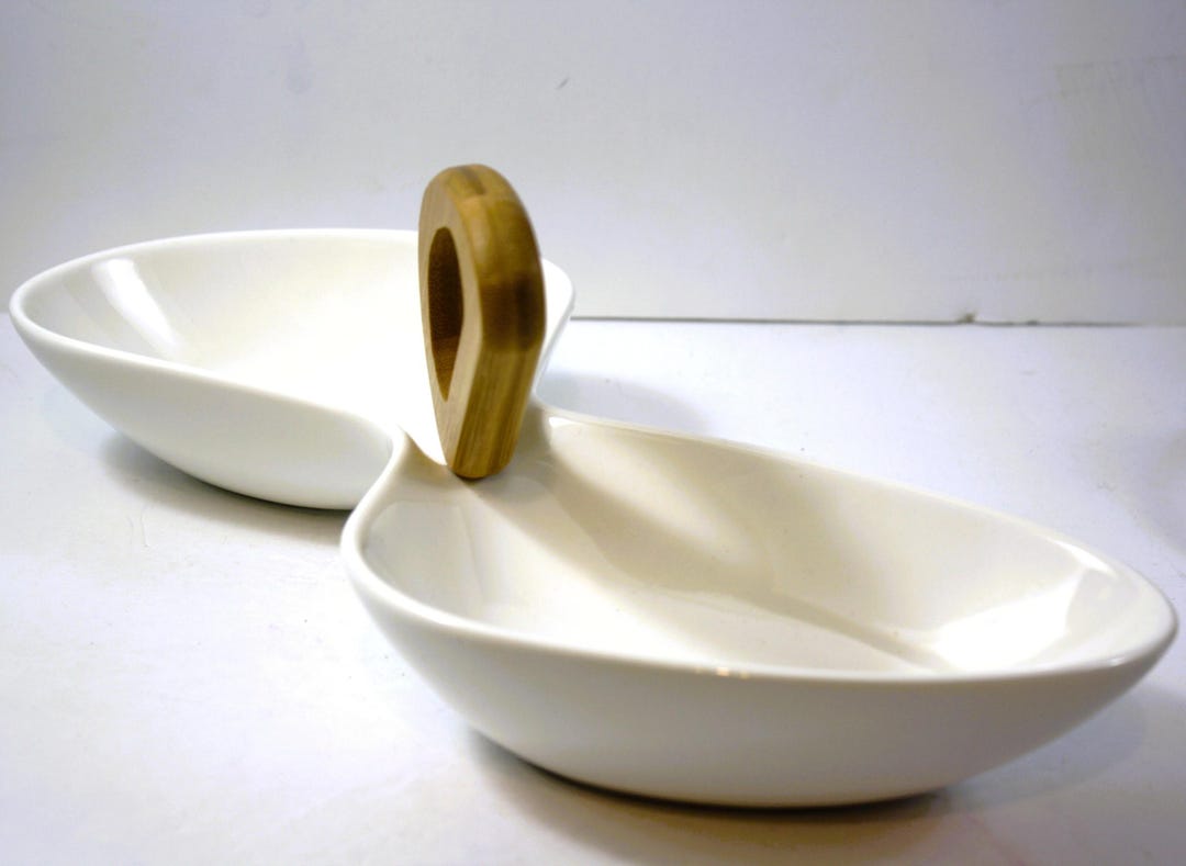 Brandani Divided Serving Dish 2 Sections White Porcelain Bamboo