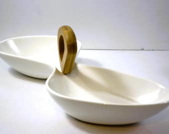 Brandani Divided Serving Dish 2 Sections White Porcelain Bamboo